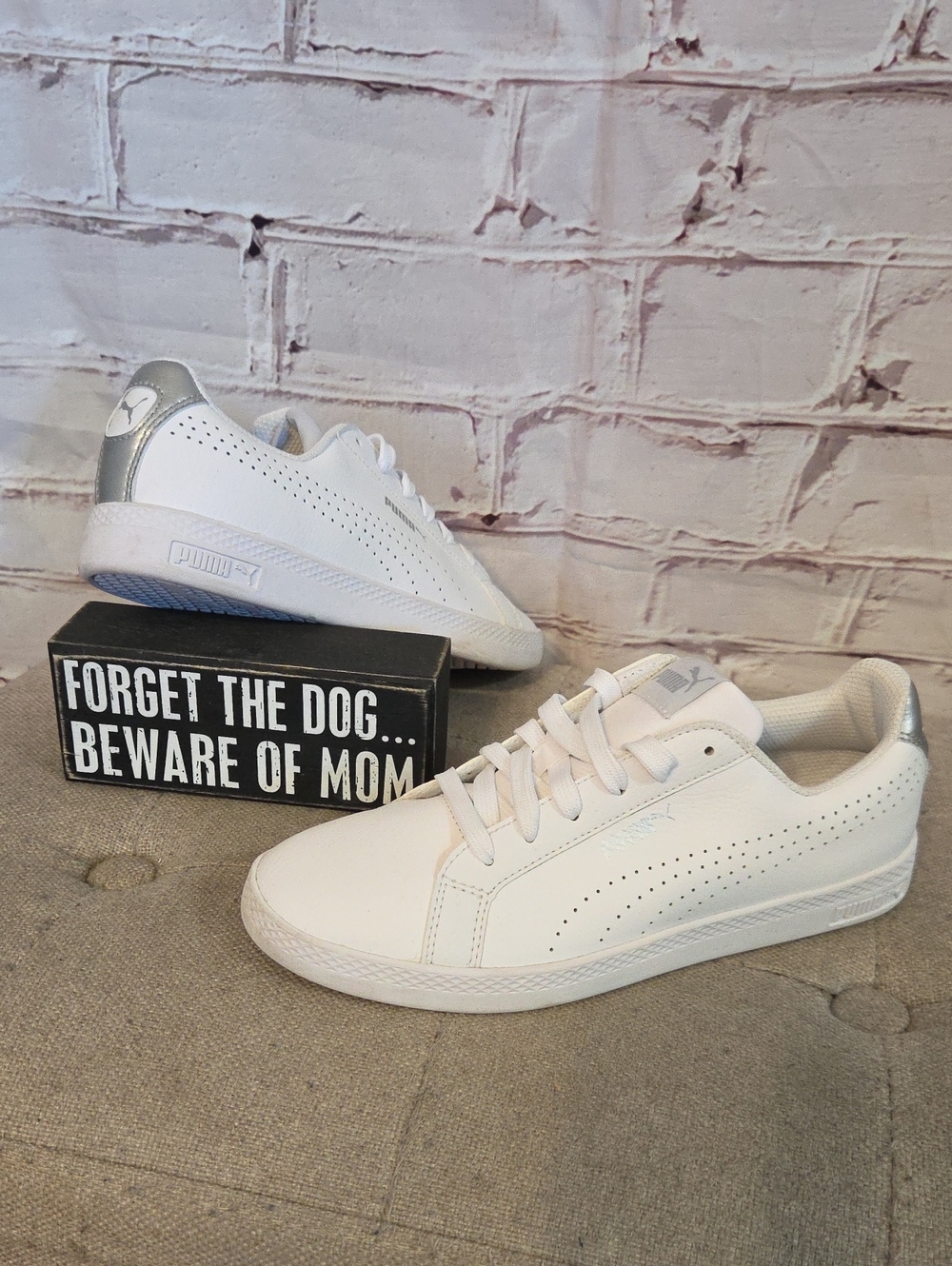 Puma White Sneakers with Silver Heel Accent